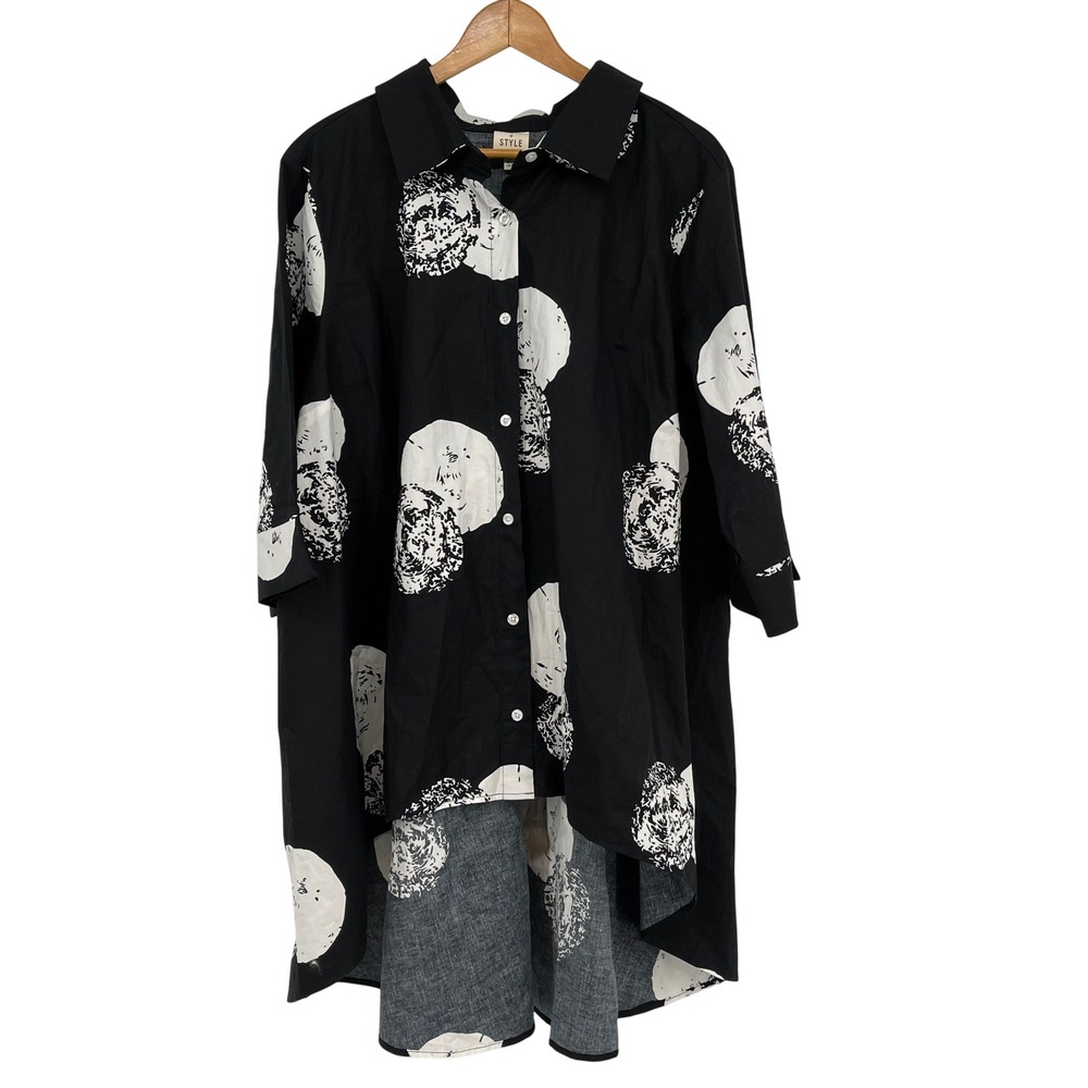 Truth + Style Black White Print‎ Button Up Hi-Lo Tunic Top 1X Plus Size